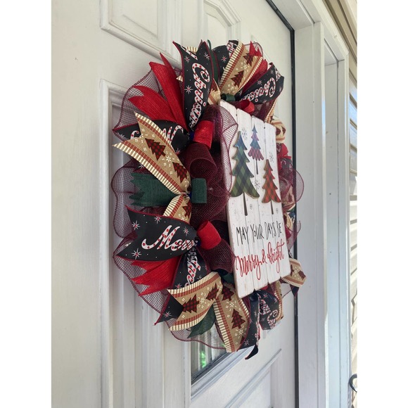 May Your Days Be Merry and Bright Buffalo Check Christmas Tree Deco Mesh Wreath - Picture 6 of 7